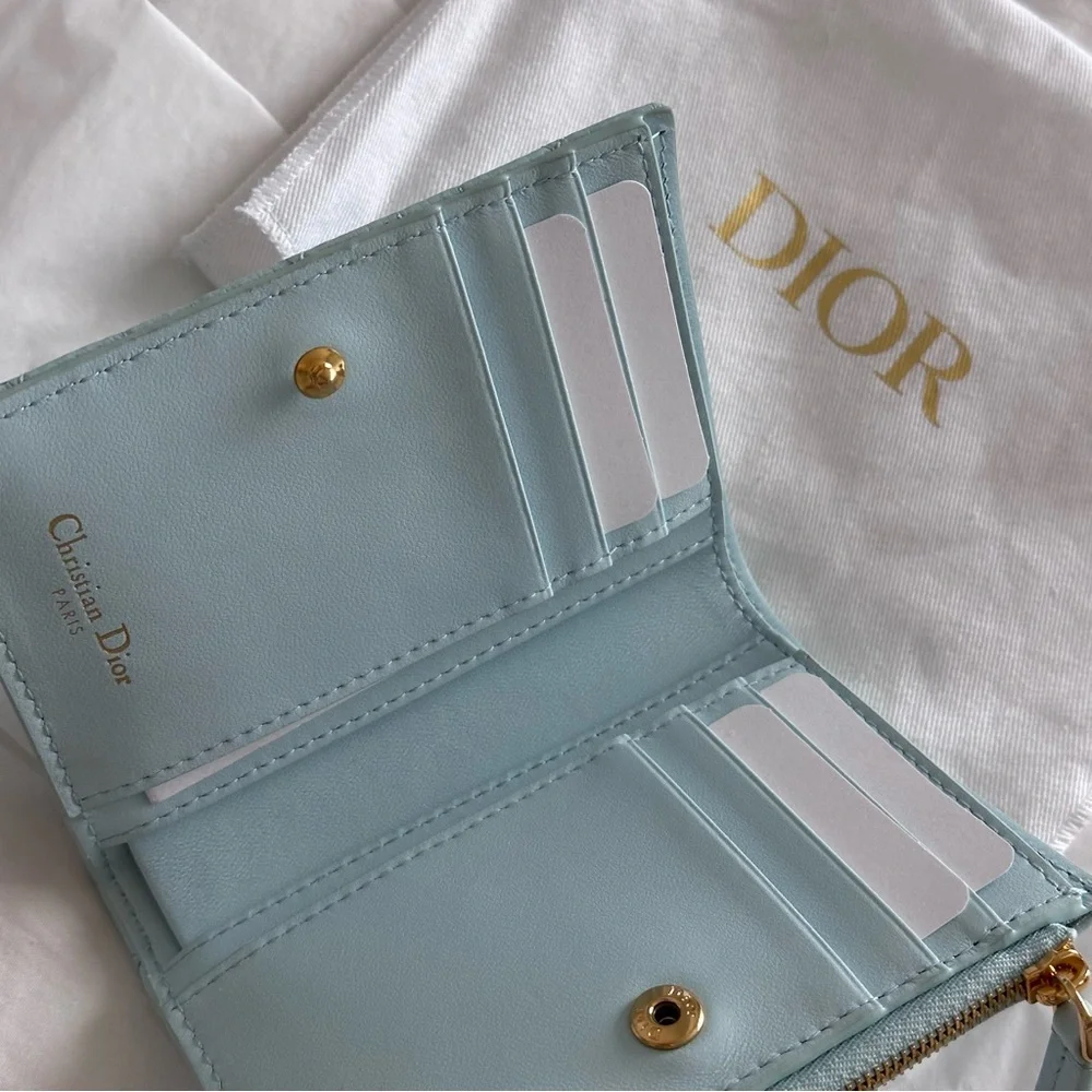 NEW unused Lady Dior Voyageur Wallet Céleste Blue Cannage Calf Leather